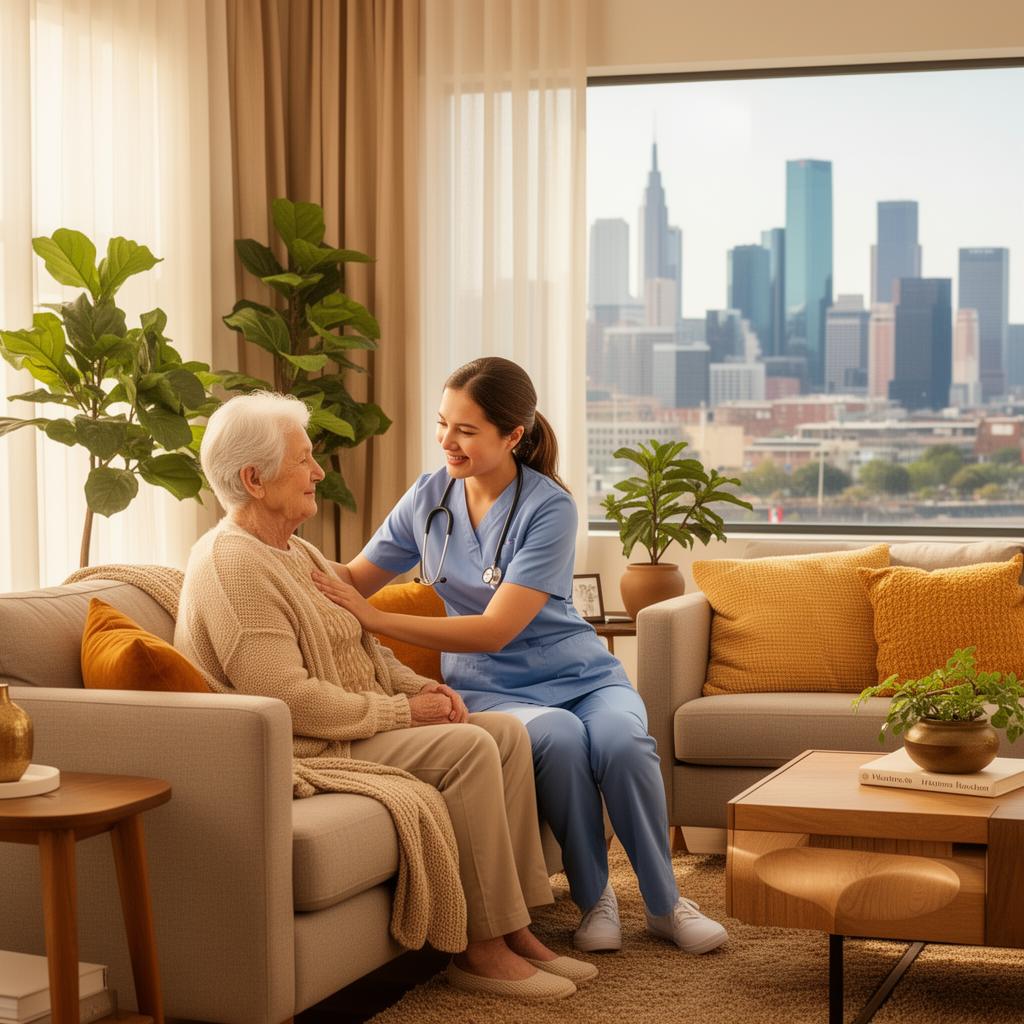 A caring home health nurse assisting a patient in a warm, bright home setting